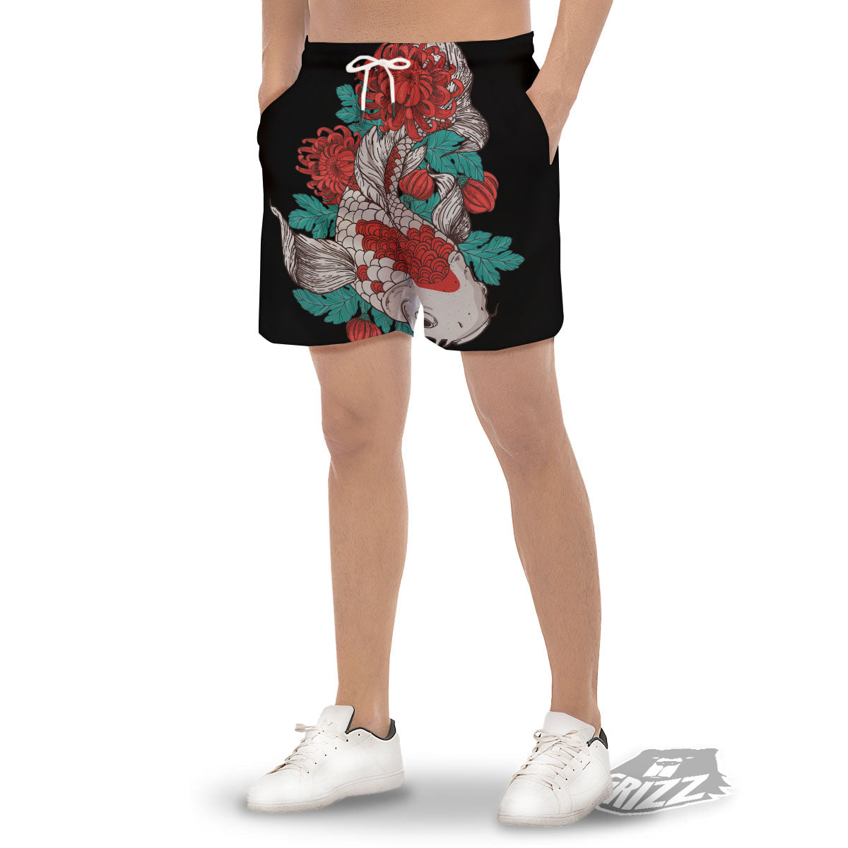Chrysanthemums And Japanese Koi Print Men's Gym Shorts-grizzshop