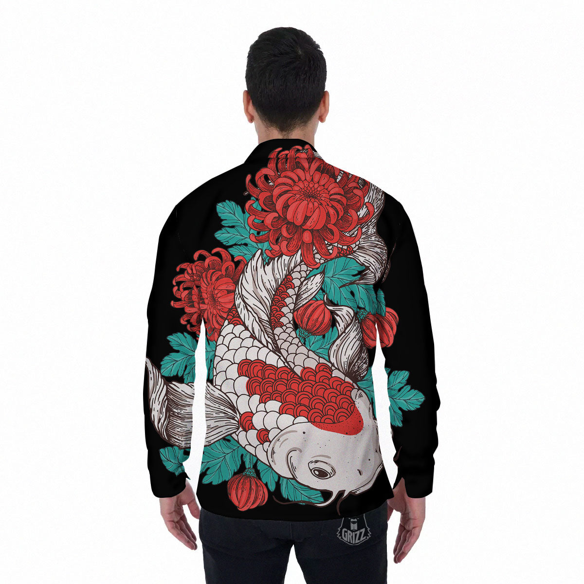 Chrysanthemums And Japanese Koi Print Men's Long Sleeve Shirts-grizzshop