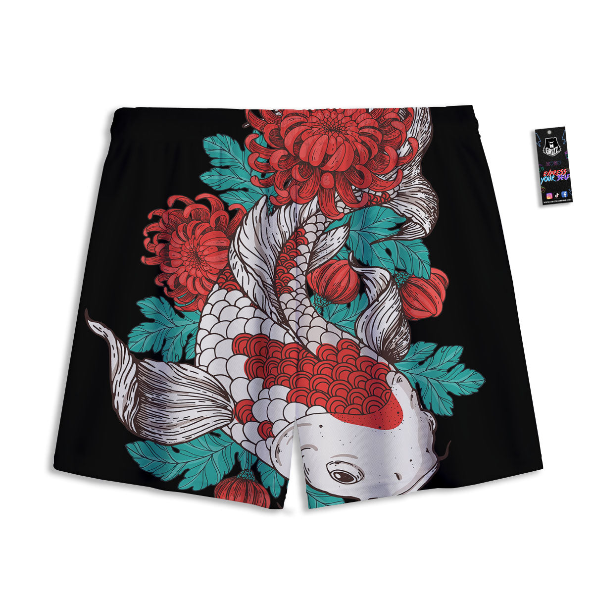 Chrysanthemums And Japanese Koi Print Mesh Shorts