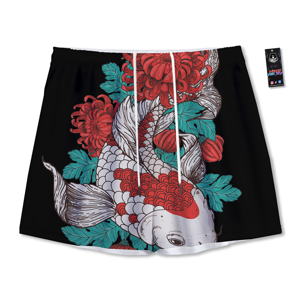 Chrysanthemums And Japanese Koi Print Mesh Shorts