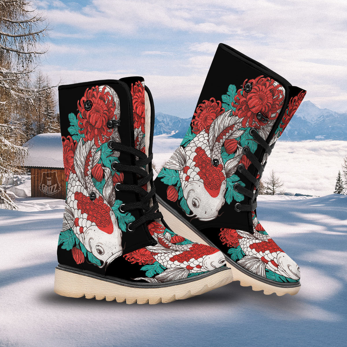 Chrysanthemums And Japanese Koi Print Snow Boots-grizzshop
