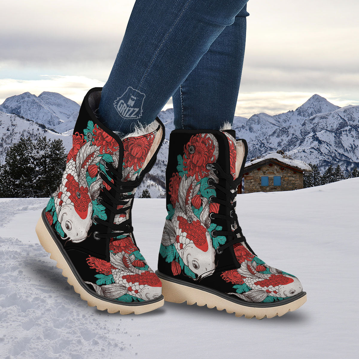 Chrysanthemums And Japanese Koi Print Snow Boots-grizzshop