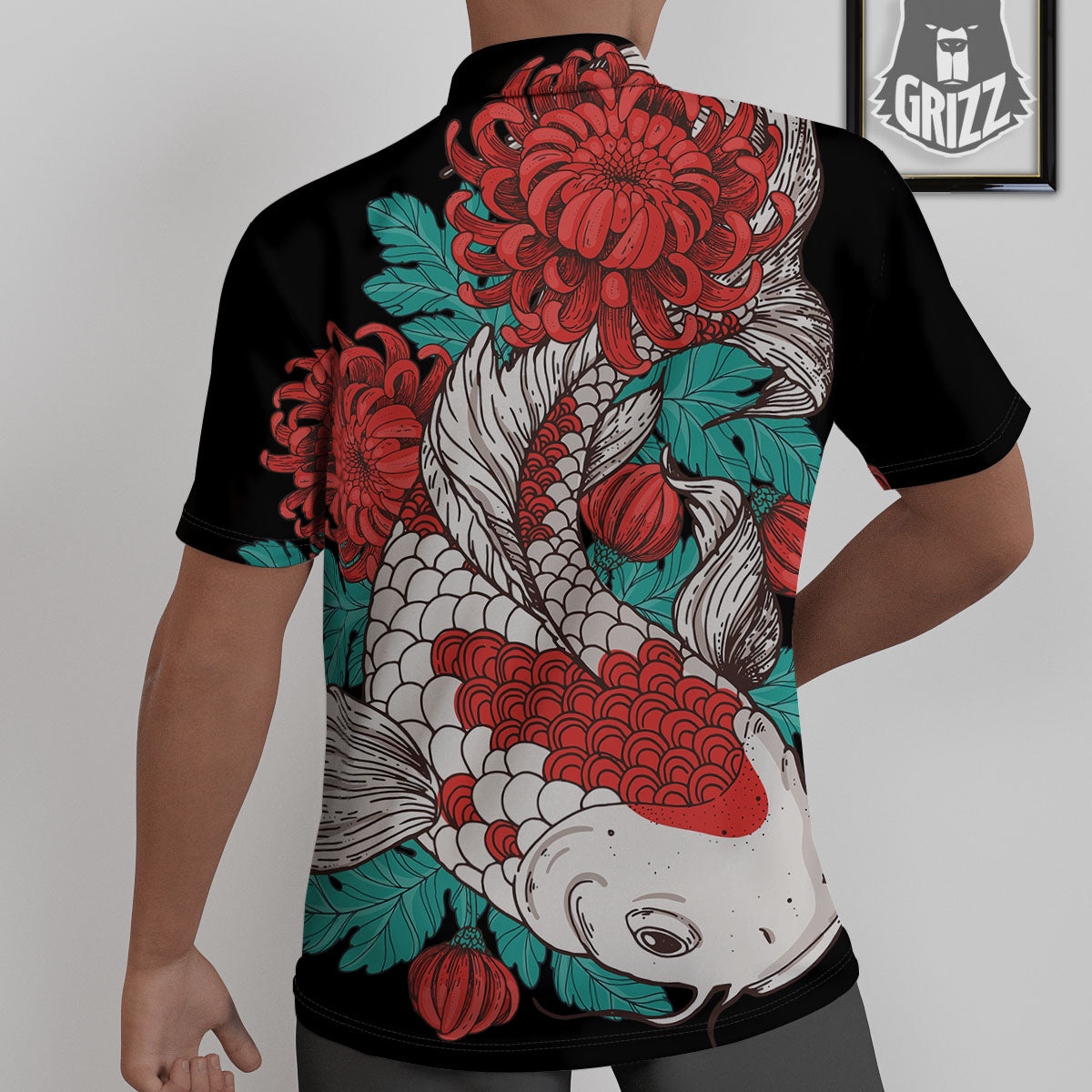 Chrysanthemums And Japanese Koi Print Untucked Shirts-grizzshop