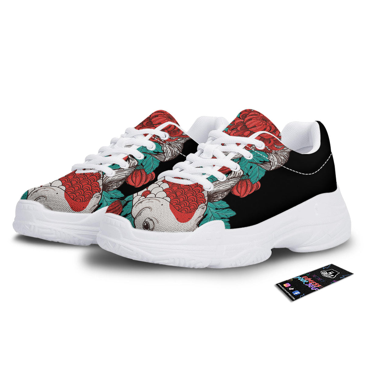 Chrysanthemums And Japanese Koi Print White Chunky Shoes-grizzshop