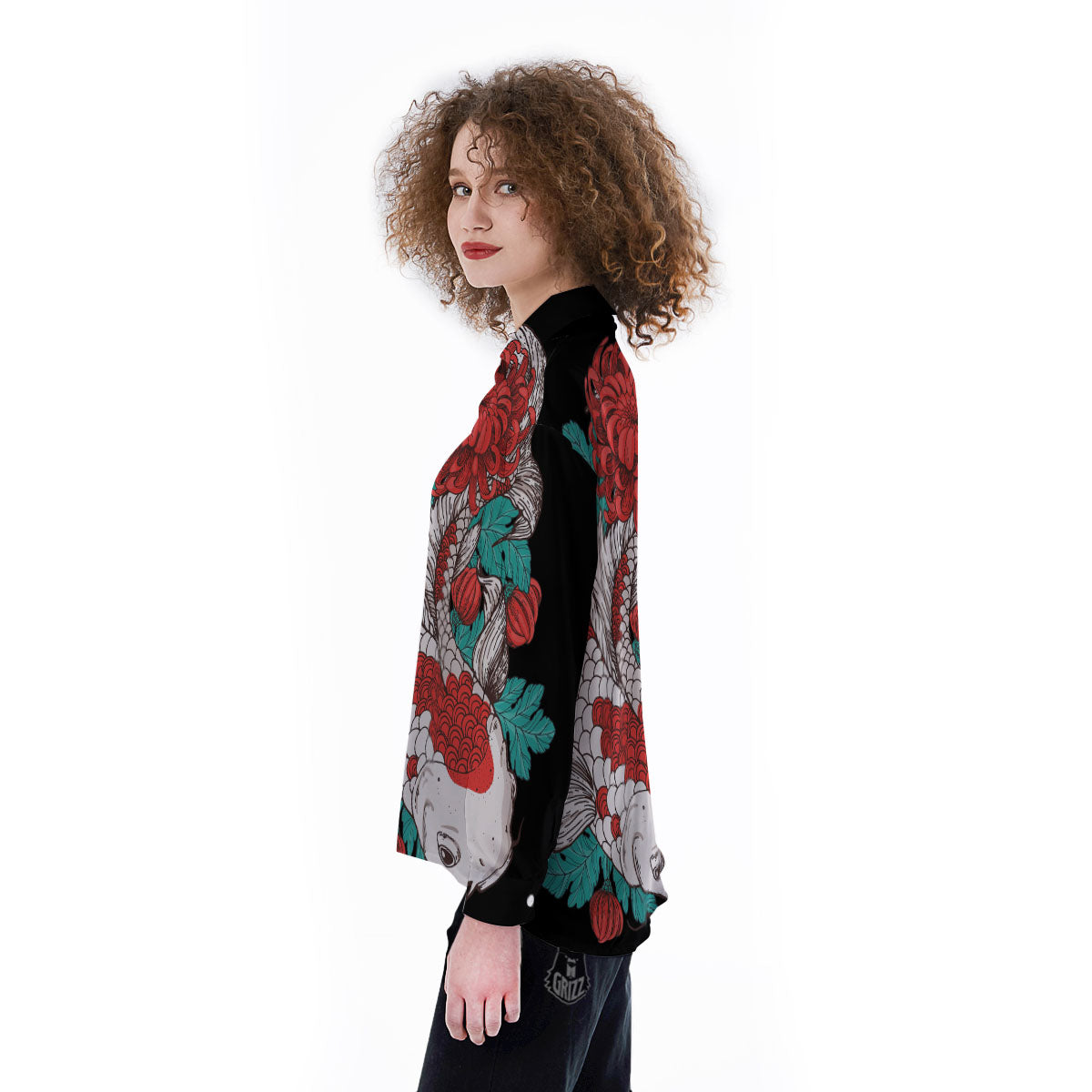 Chrysanthemums And Japanese Koi Print Women's Long Sleeve Shirts-grizzshop
