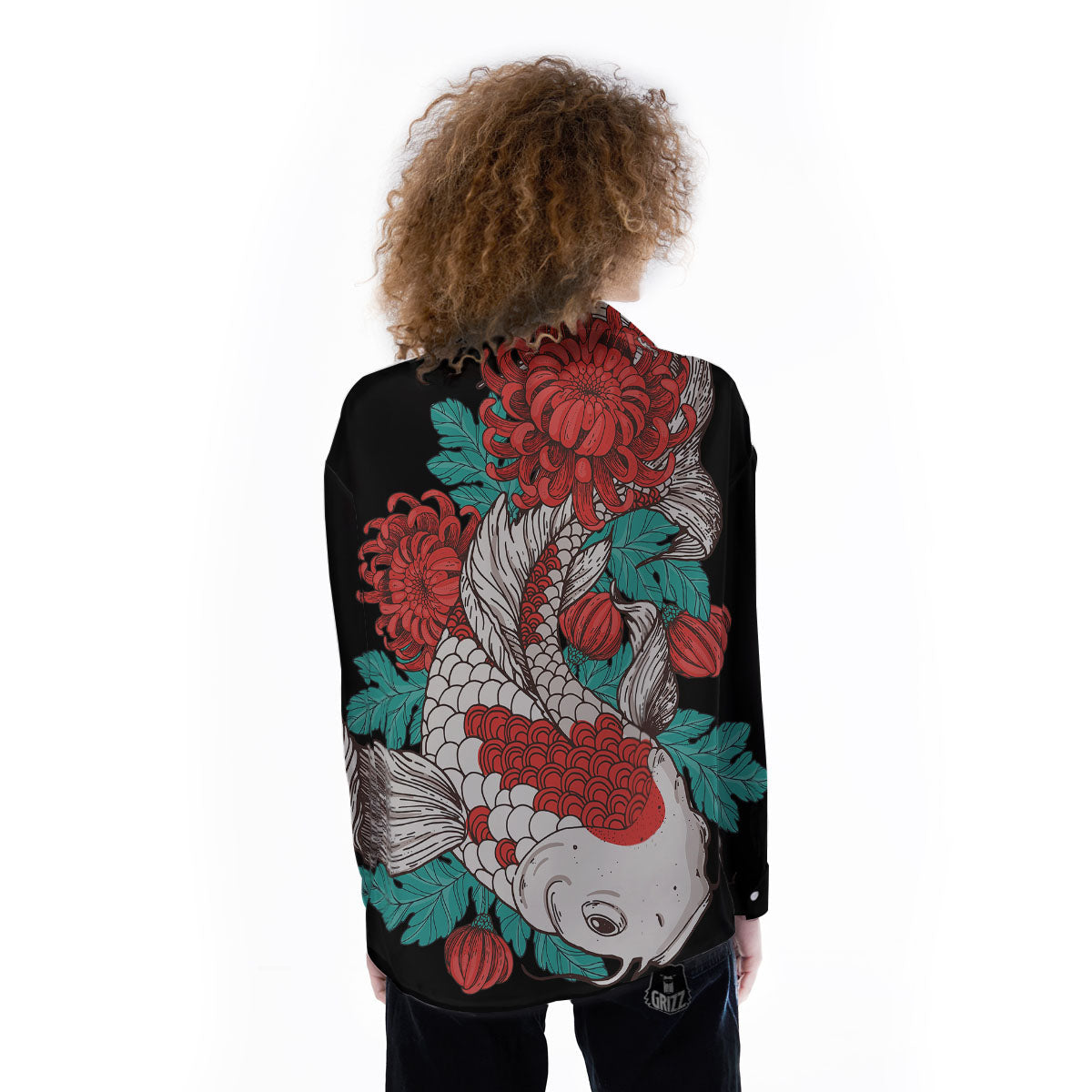 Chrysanthemums And Japanese Koi Print Women's Long Sleeve Shirts-grizzshop