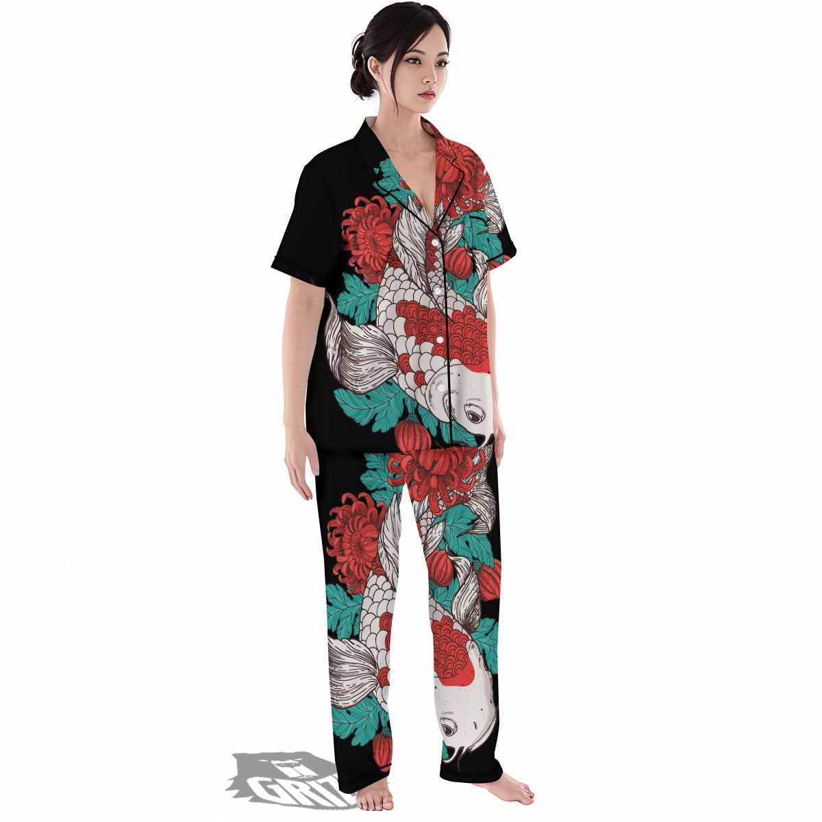 Chrysanthemums And Japanese Koi Print Women's Pajamas Set-grizzshop