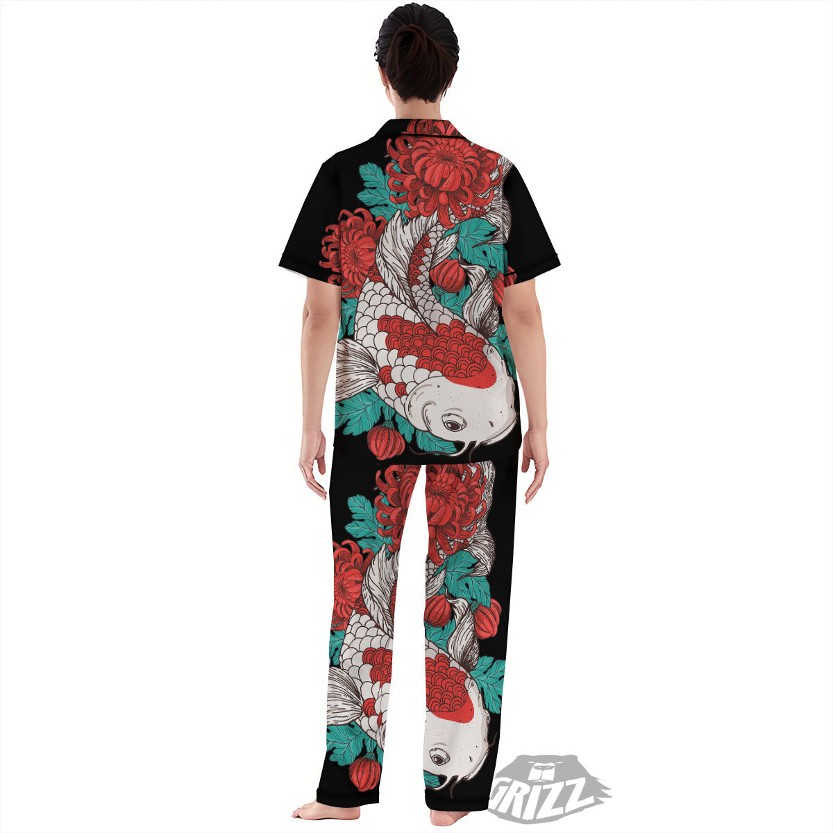 Chrysanthemums And Japanese Koi Print Women's Pajamas Set-grizzshop