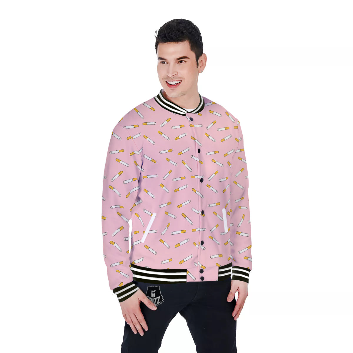 Cigarette And Pink Print Pattern Baseball Jacket-grizzshop