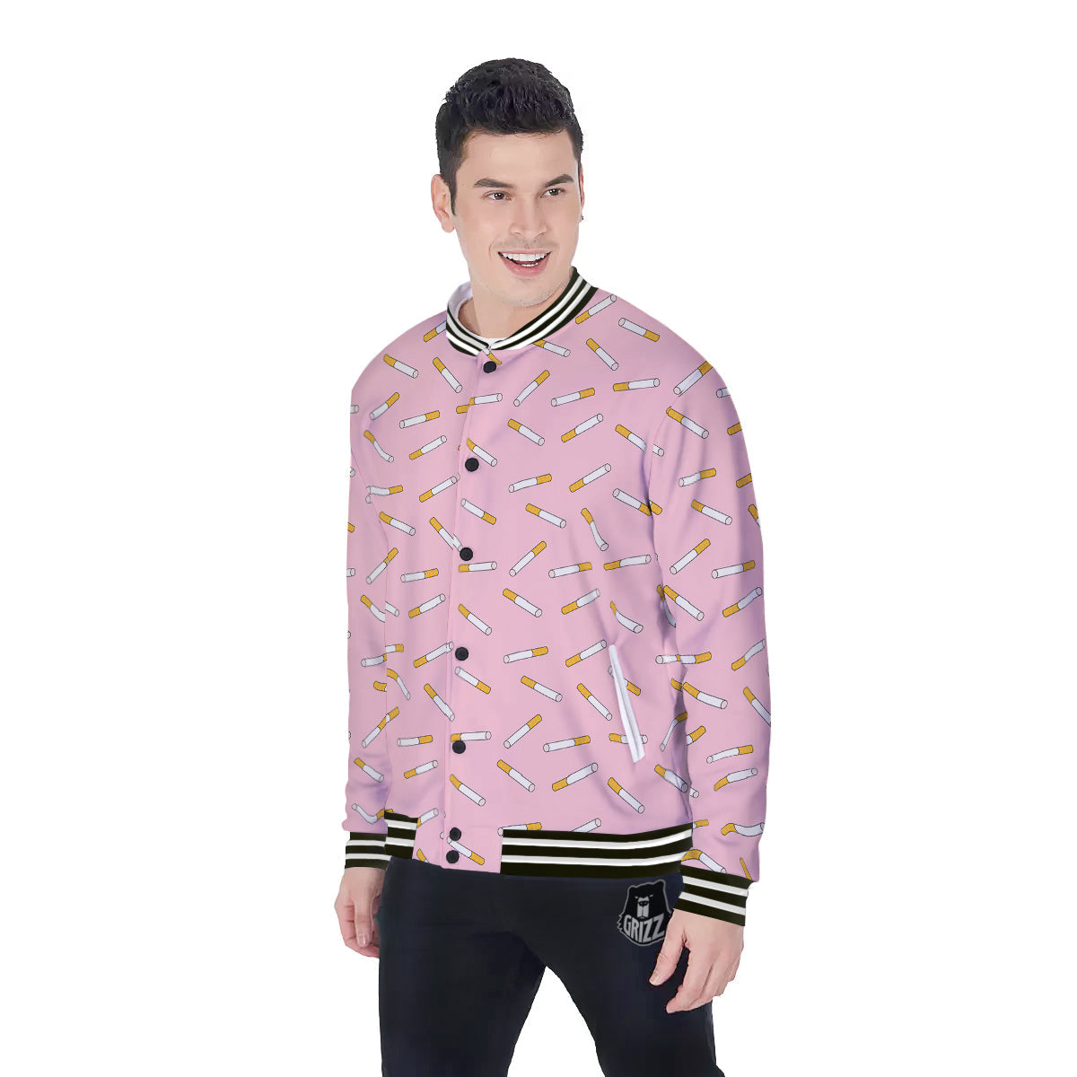 Cigarette And Pink Print Pattern Baseball Jacket-grizzshop