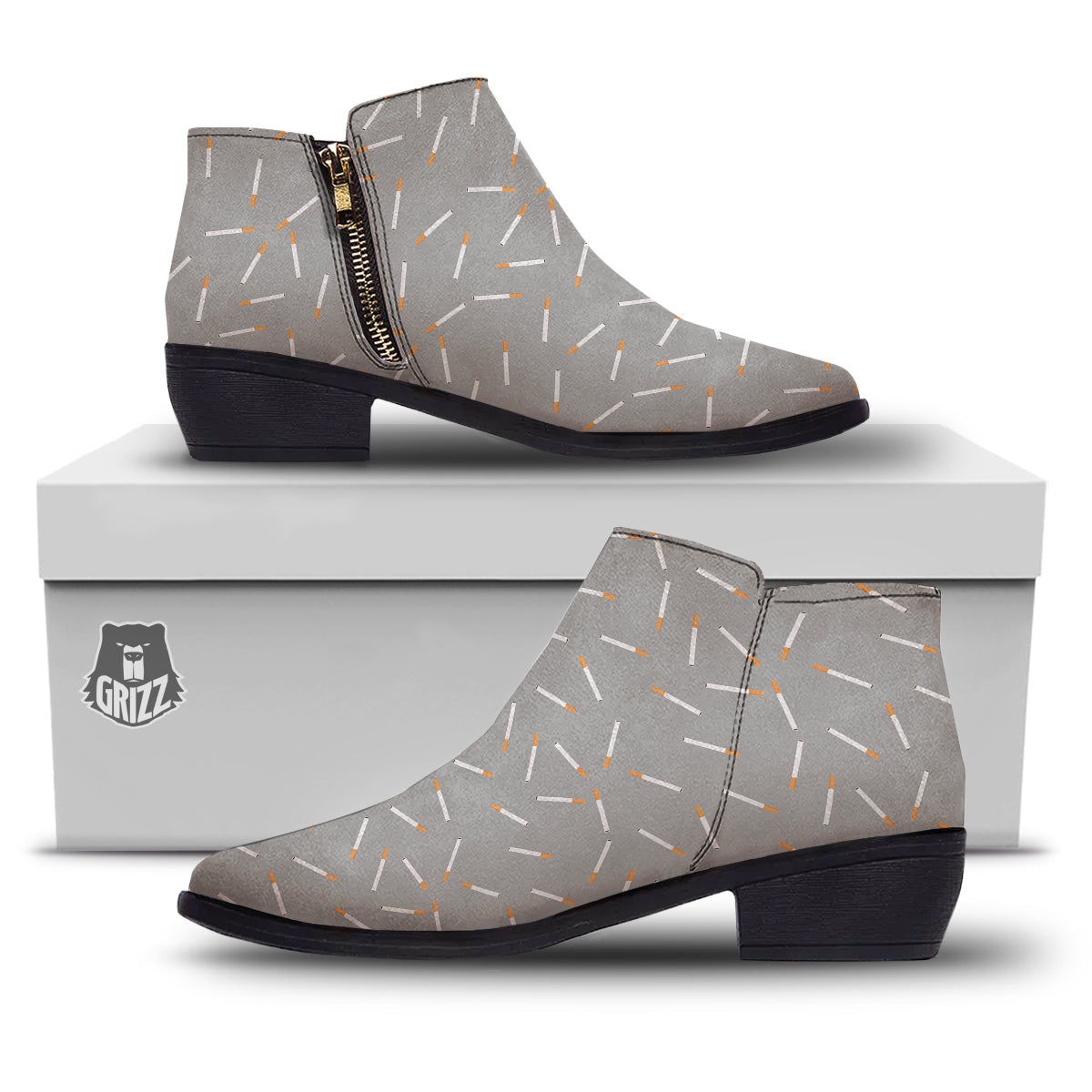 Cigarette Gray Print Pattern Ankle Boots-grizzshop