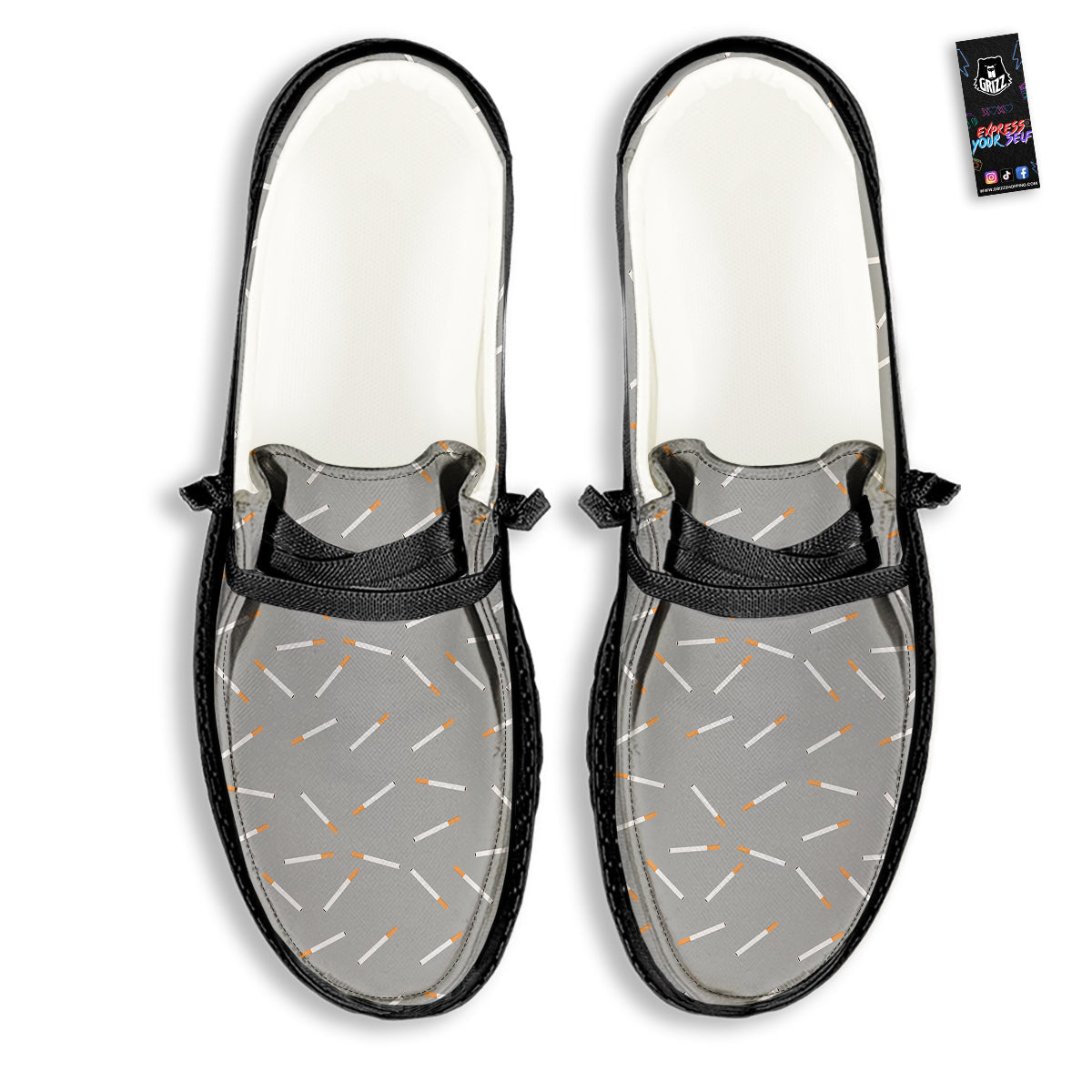Cigarette Gray Print Pattern Black Loafers-grizzshop