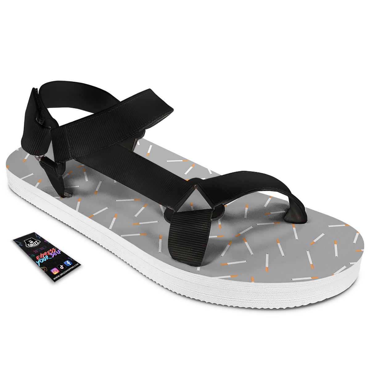 Cigarette Gray Print Pattern Black Open Toe Sandals-grizzshop