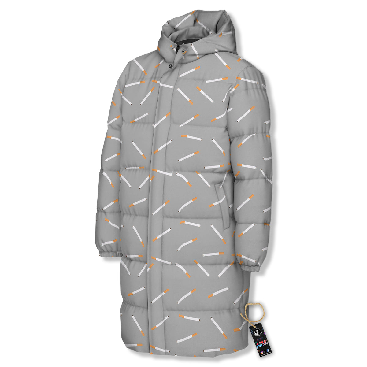 Cigarette Gray Print Pattern Long Down Jacket-grizzshop