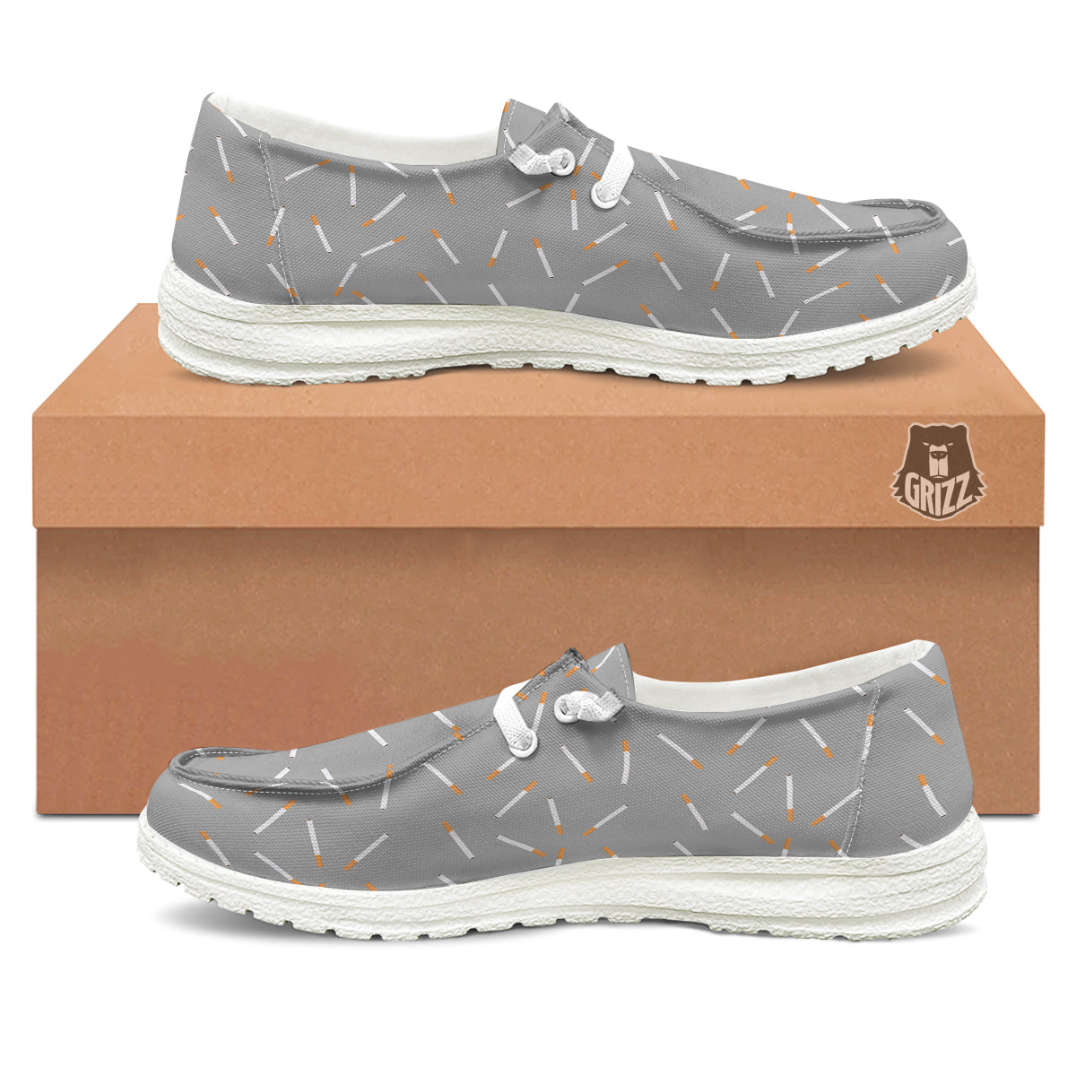Cigarette Gray Print Pattern White Loafers-grizzshop