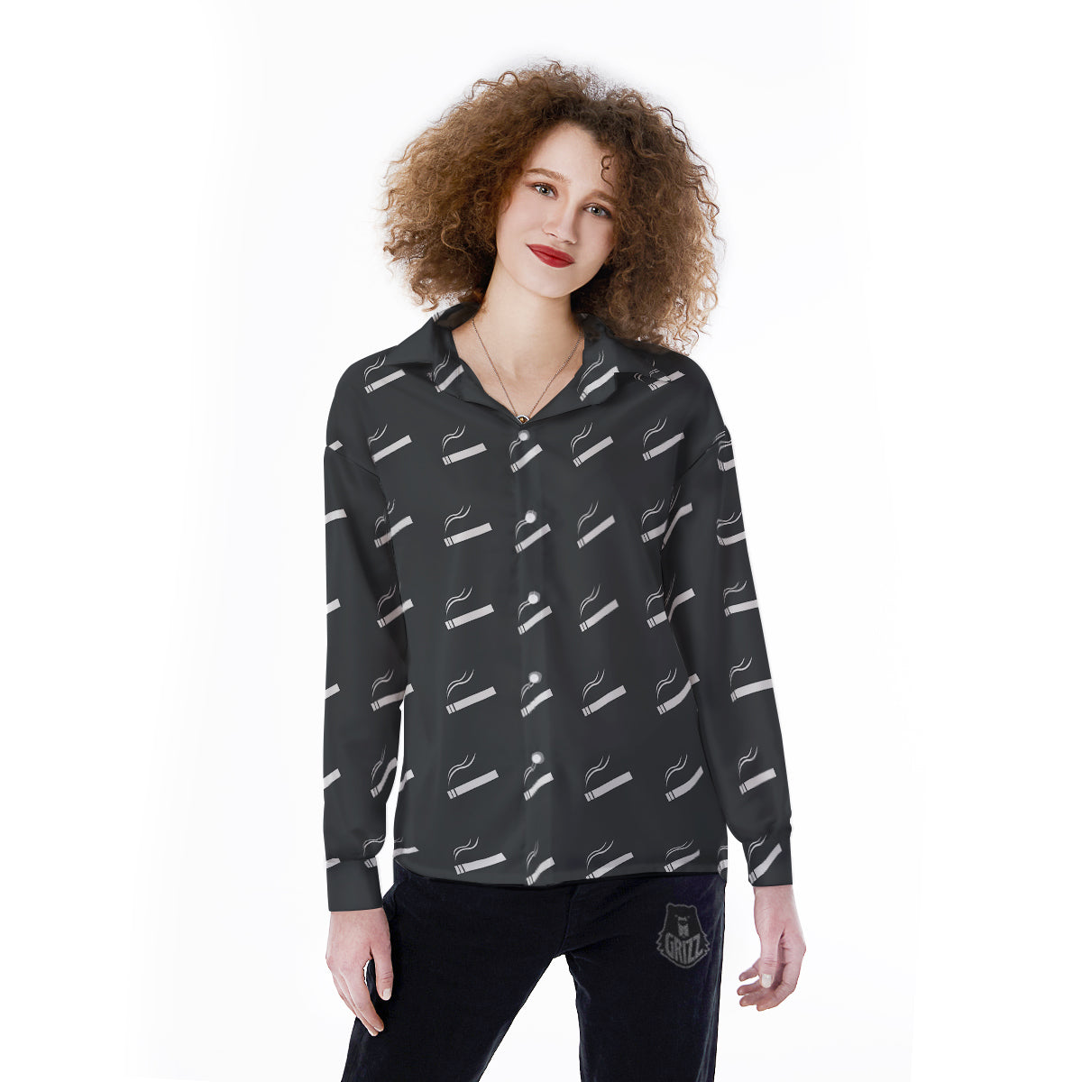 Cigarette Print Pattern Women's Long Sleeve Shirts-grizzshop