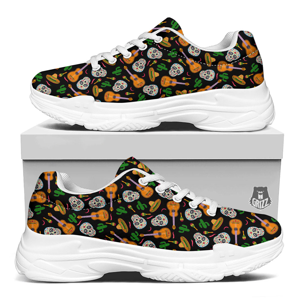 Cinco de Mayo Cartoon Print Pattern White Chunky Shoes-grizzshop