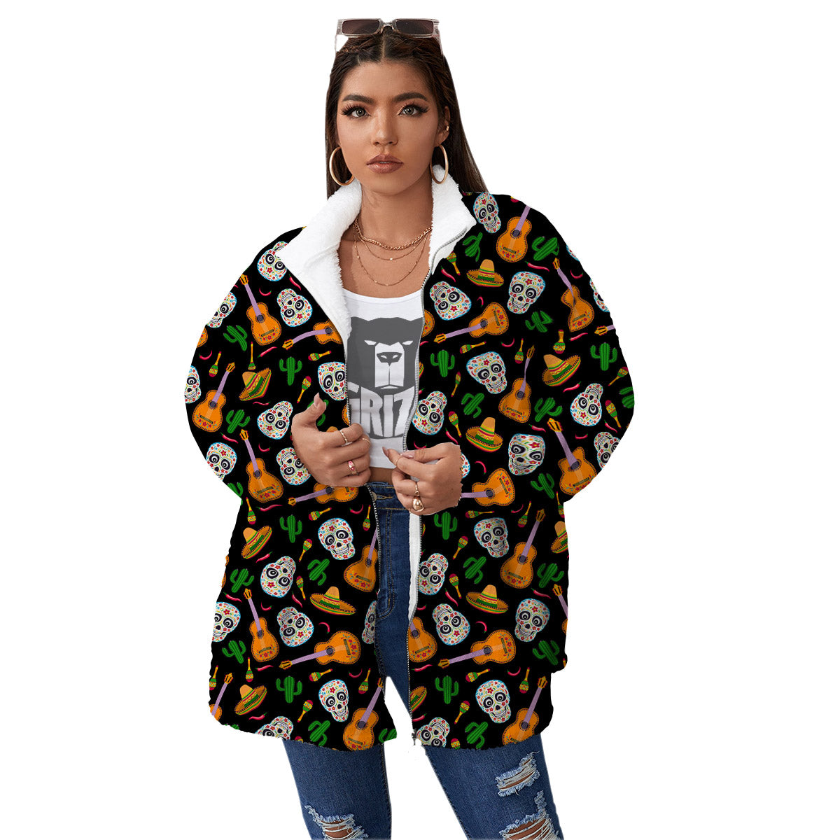 Cinco de Mayo Cartoon Print Pattern Women's Sherpa Jacket-grizzshop