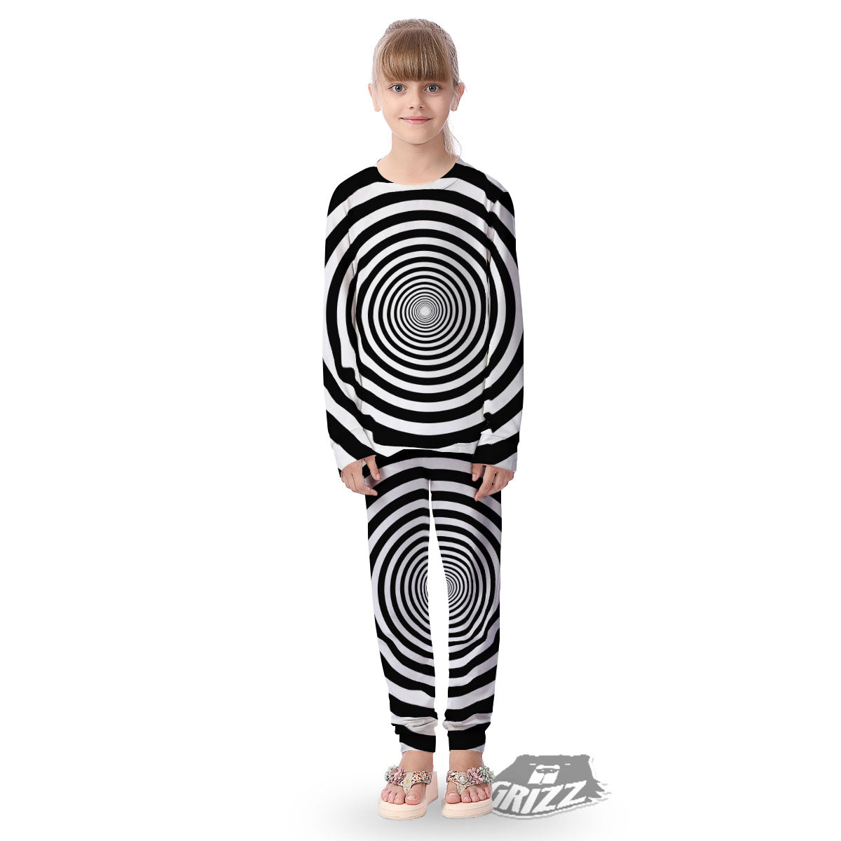 Circle Illusion White And Black Print Kid's Pajamas-grizzshop