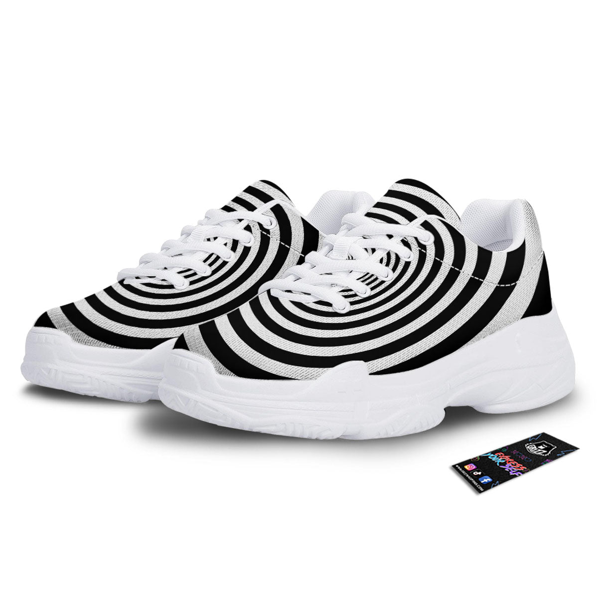 Circle Illusion White And Black Print White Chunky Shoes-grizzshop