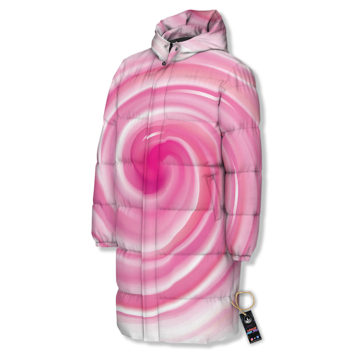 Circle Swirl Pink Print Long Down Jacket-grizzshop