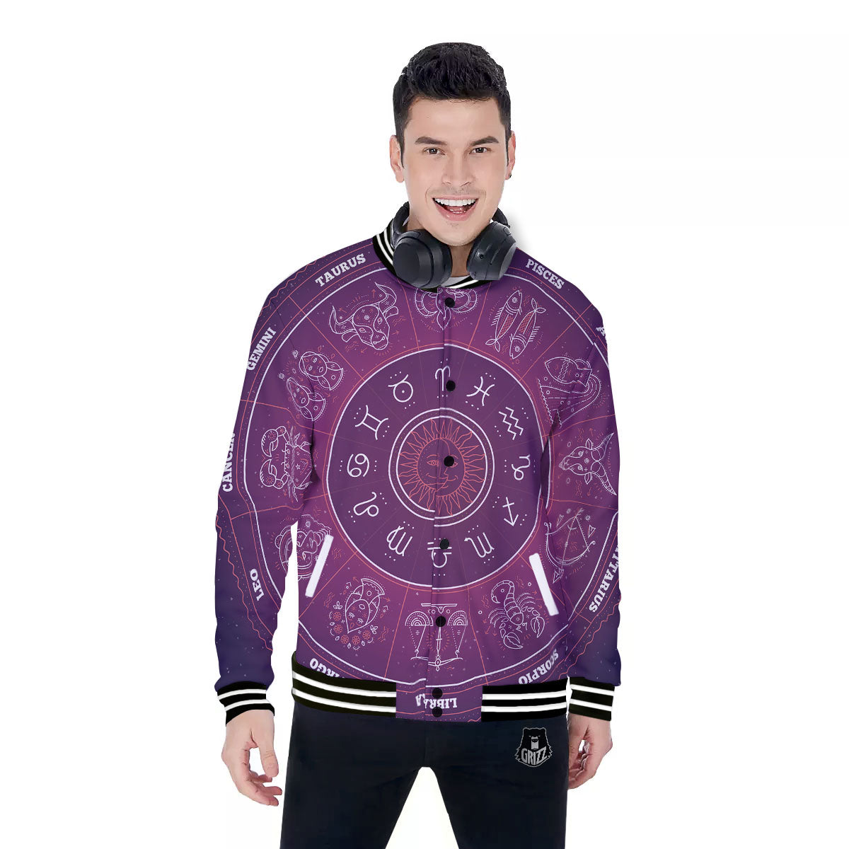 Circle Zodiac Symbols Print Baseball Jacket-grizzshop