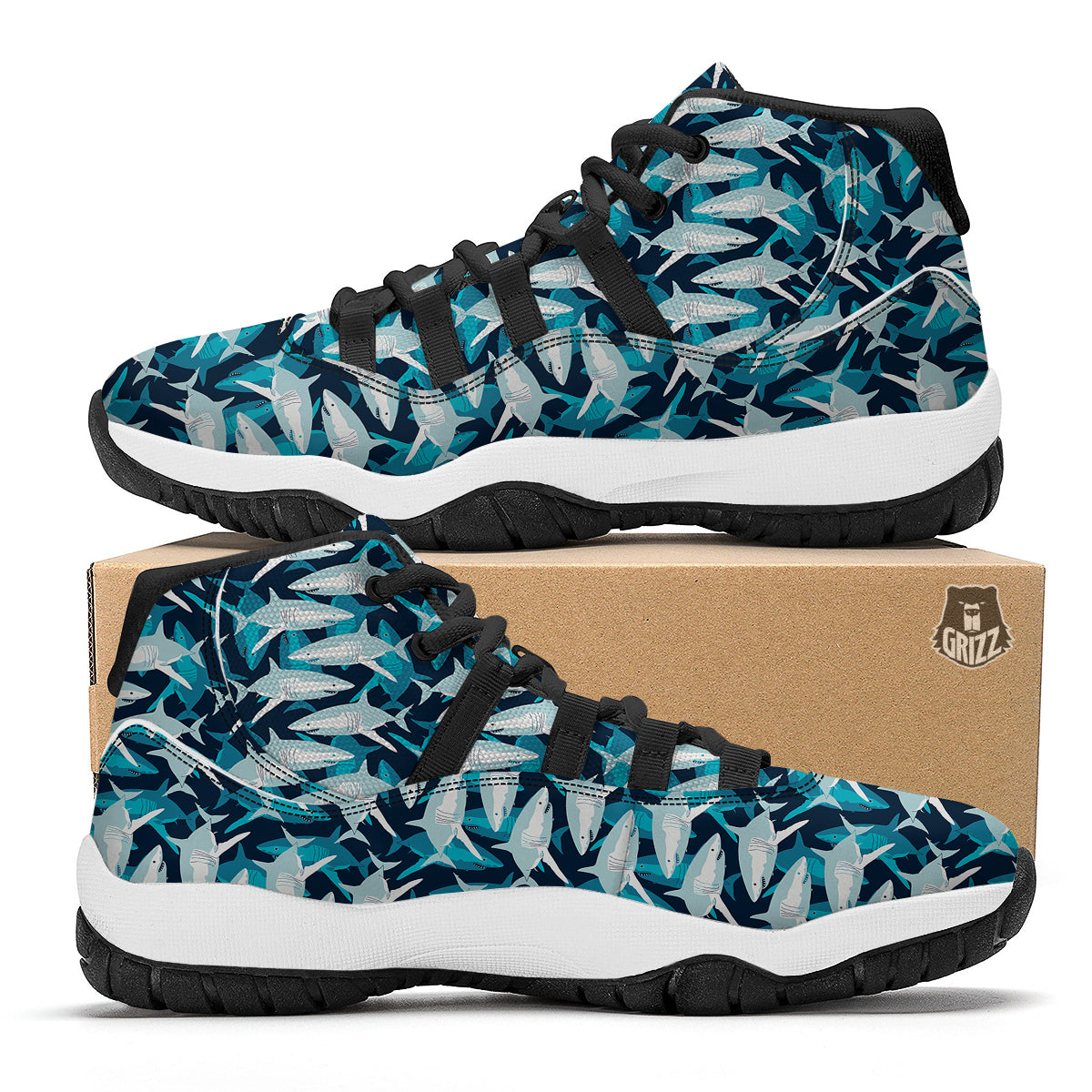 Circling Shark Pattern Print Black Bball Shoes-grizzshop
