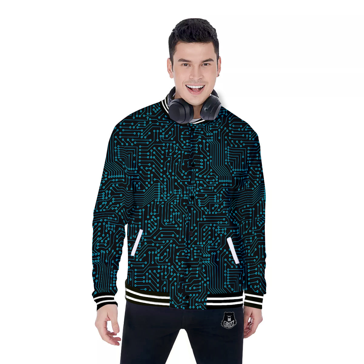 Circuit Black Blue Print Pattern Baseball Jacket-grizzshop