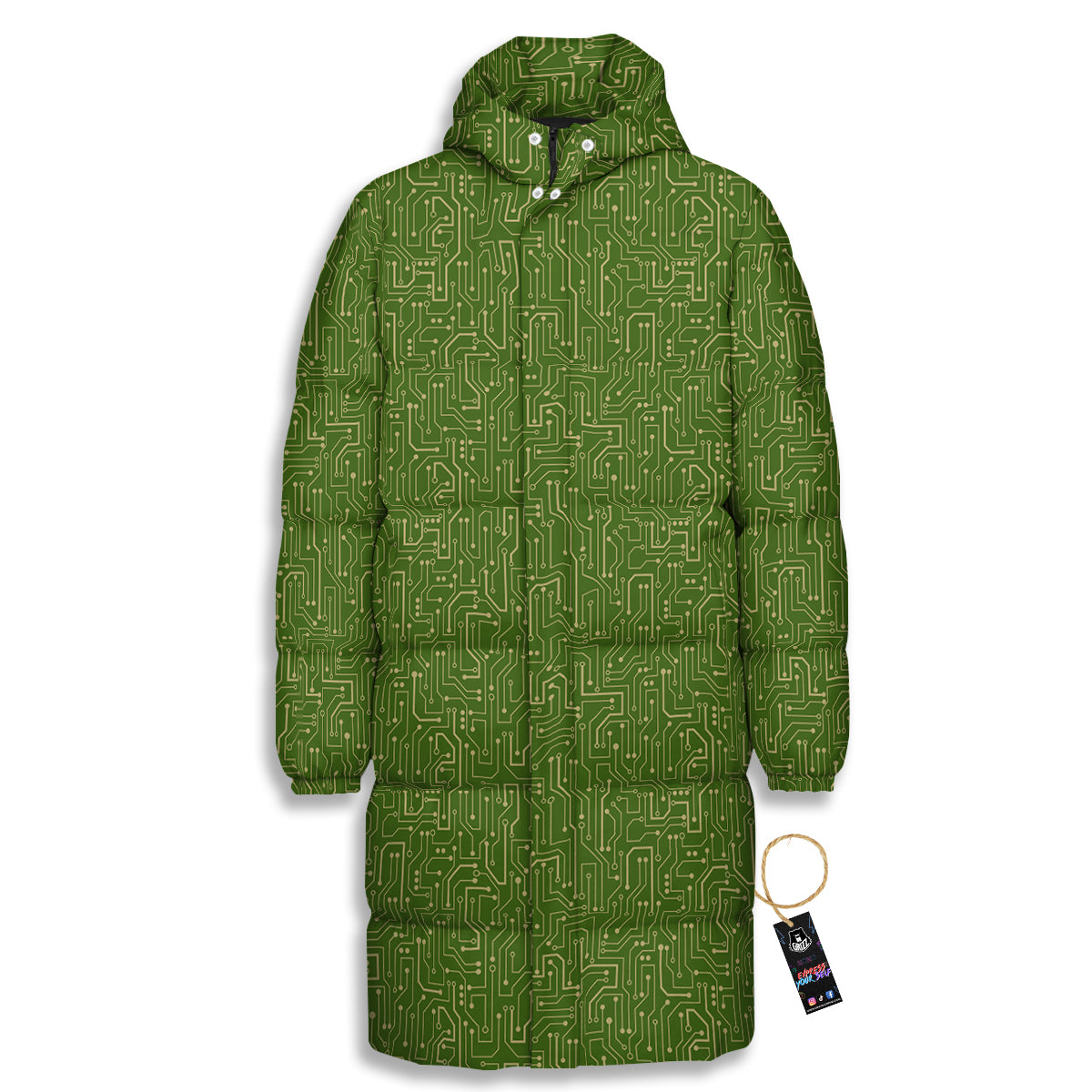 Circuit Green Print Pattern Long Down Jacket-grizzshop