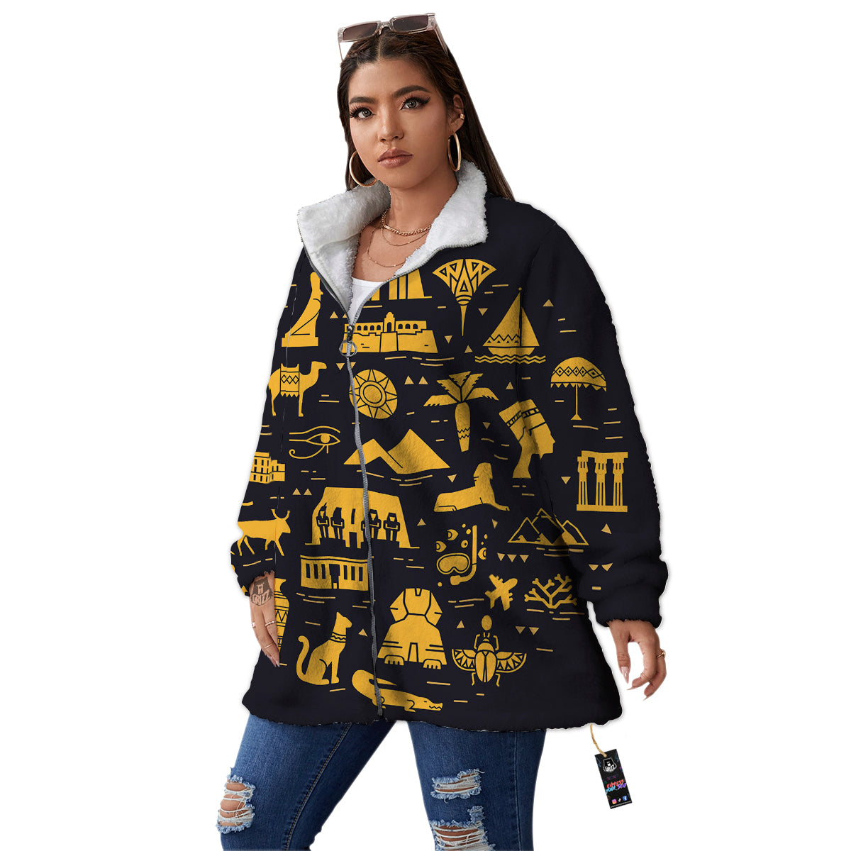 Circular Symbols Of Egypt Print Women's Sherpa Jacket-grizzshop