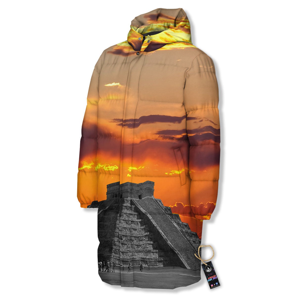 Civilization Mayan Print Long Down Jacket-grizzshop