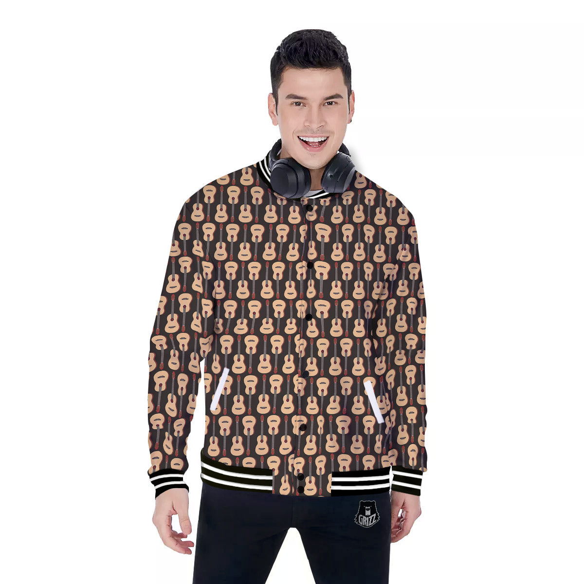 Classic Guitar Print Pattern Baseball Jacket-grizzshop
