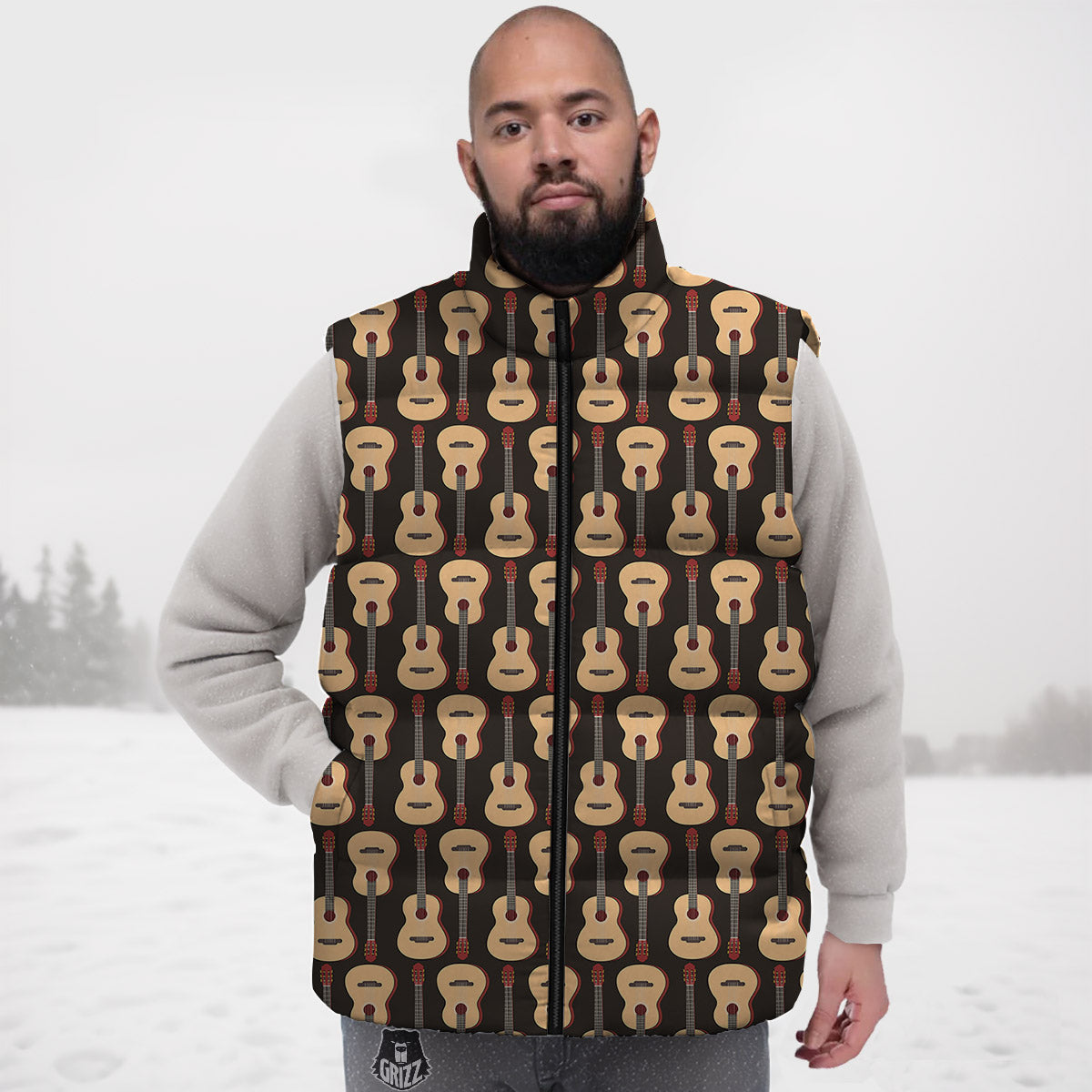 Classic Guitar Print Pattern Down Vest-grizzshop