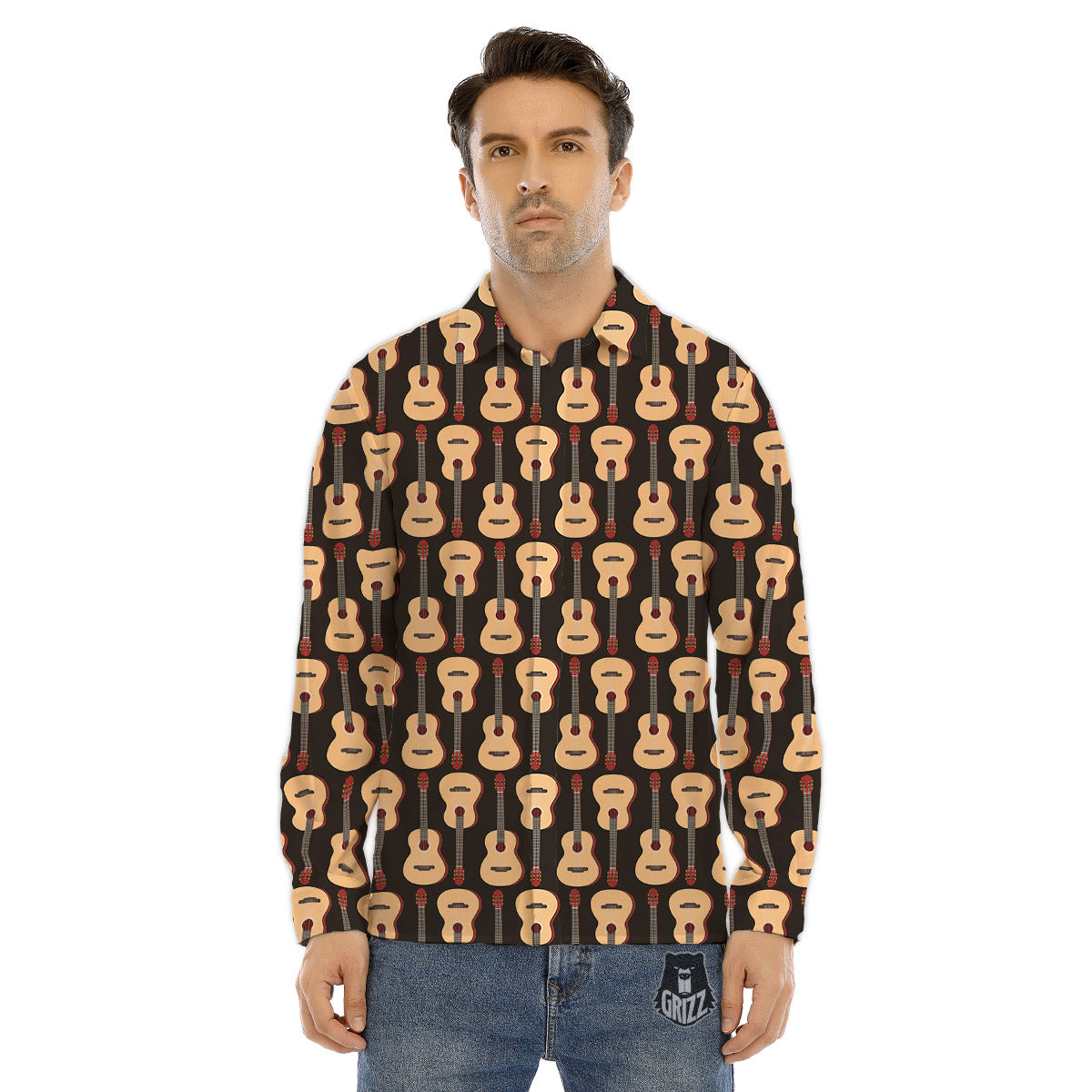 Classic Guitar Print Pattern Men's Dress Shirts-grizzshop