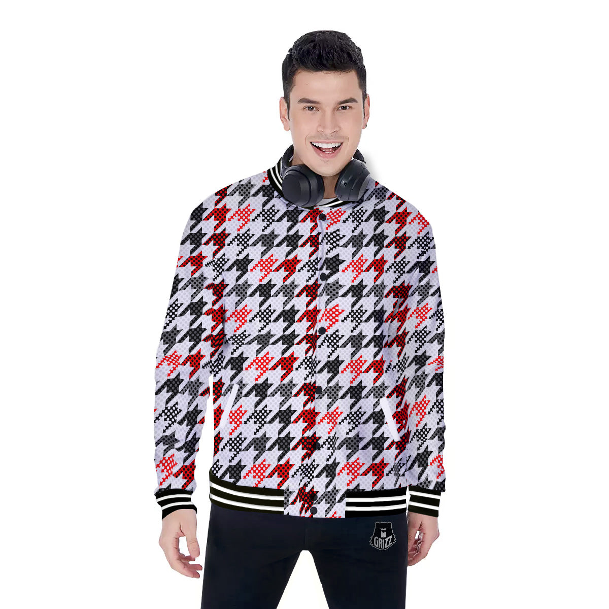 Classic Polka Dot In Houndstooth Print Pattern Baseball Jacket-grizzshop