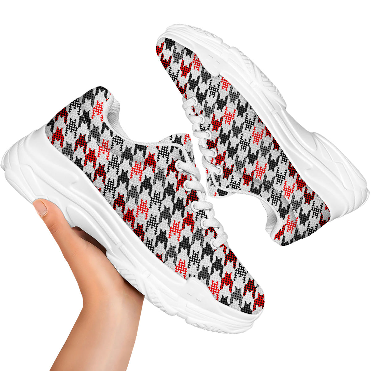 Classic Polka Dot In Houndstooth Print Pattern White Chunky Shoes-grizzshop