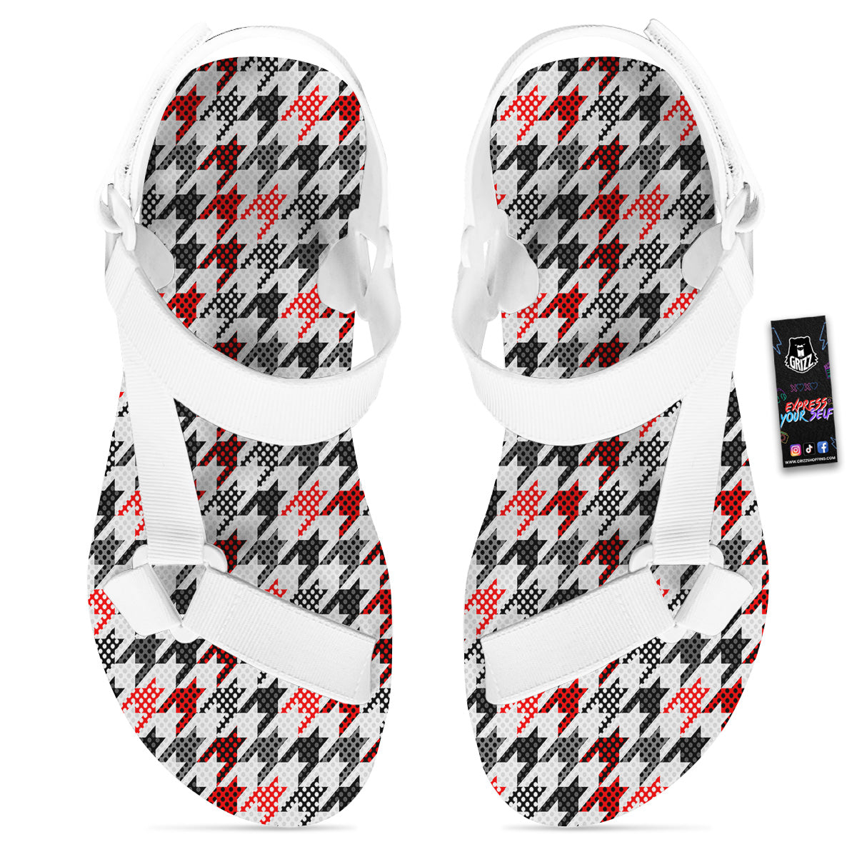 Classic Polka Dot In Houndstooth Print Pattern White Open Toe Sandals-grizzshop