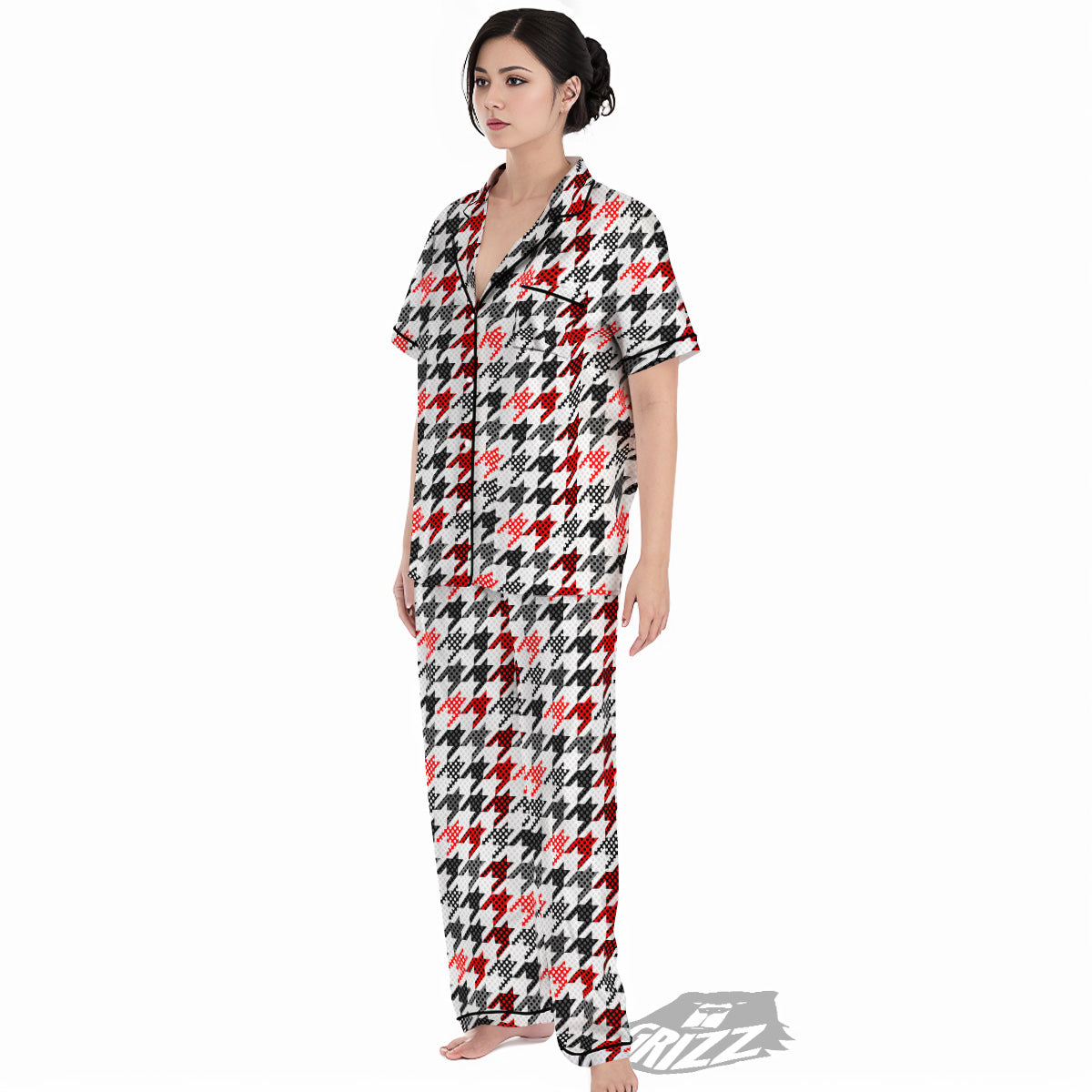 Classic Polka Dot In Houndstooth Print Pattern Women's Pajamas Set-grizzshop