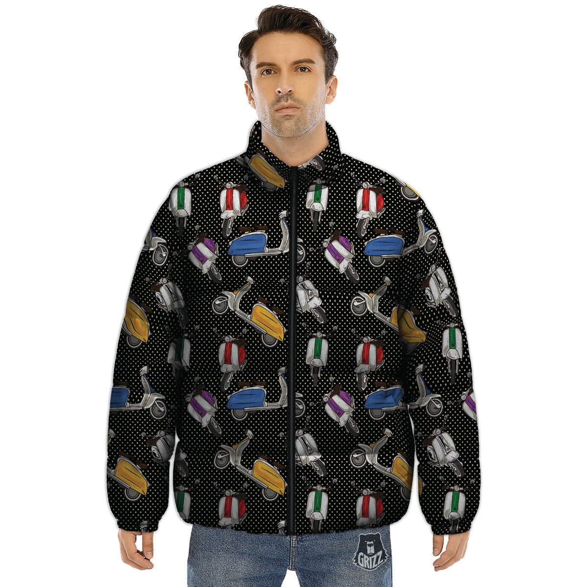 Classic Scooters Print Pattern Puffer Jacket-grizzshop
