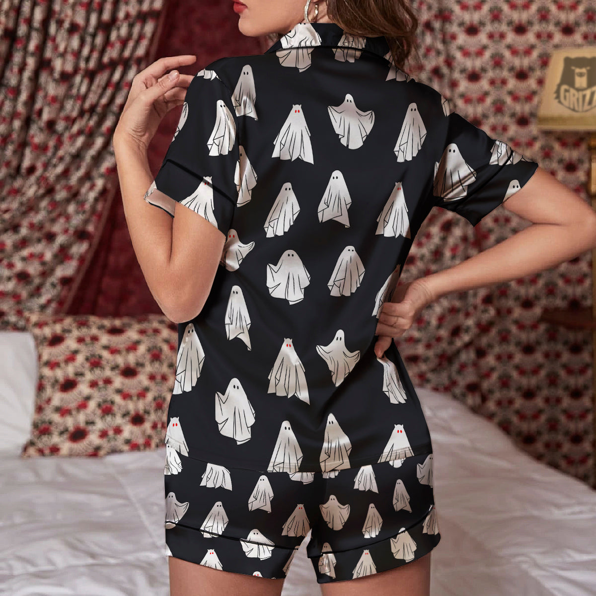 Cloth Ghosts Cartoon Print Pattern Women Silk Pajamas-grizzshop