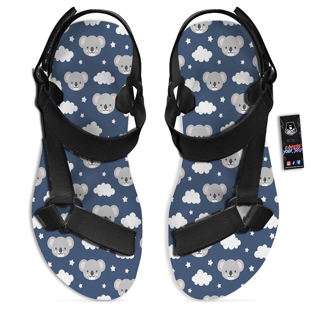 Cloud And Koala Bear Print Pattern Black Open Toe Sandals-grizzshop