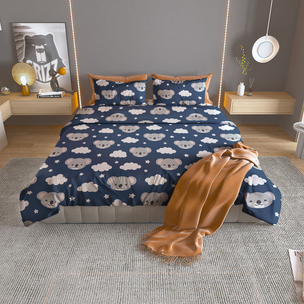 Cloud And Koala Bear Print Pattern Duvet Cover Bedding Set