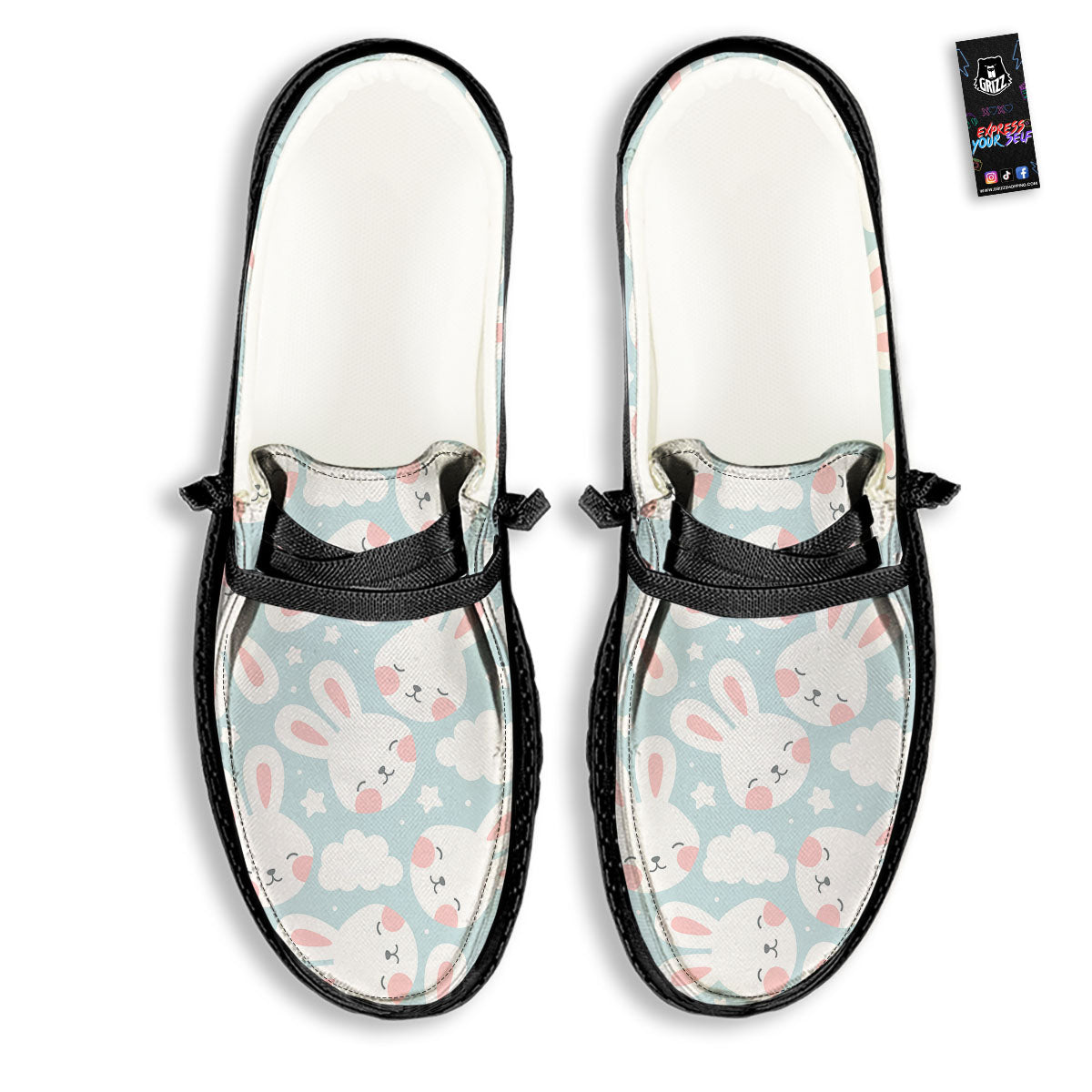 Cloud And Rabbit Print Pattern Black Loafers-grizzshop