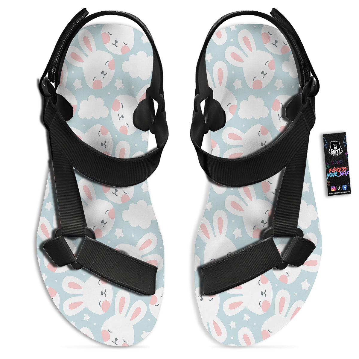 Cloud And Rabbit Print Pattern Black Open Toe Sandals-grizzshop