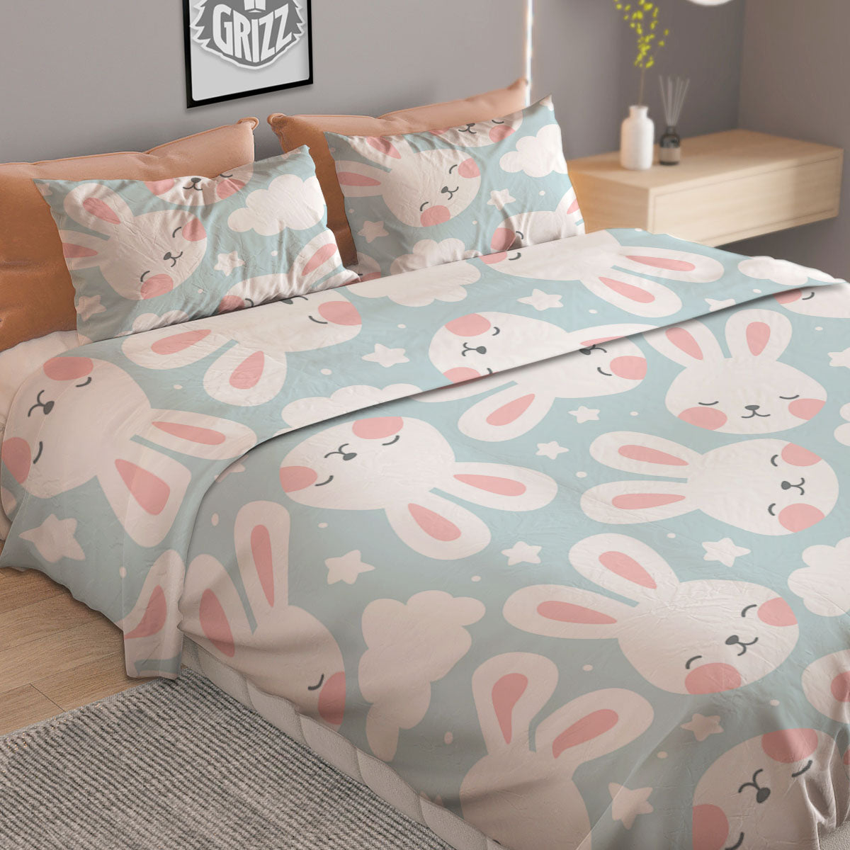 Cloud And Rabbit Print Pattern Duvet Cover Bedding Set-grizzshop