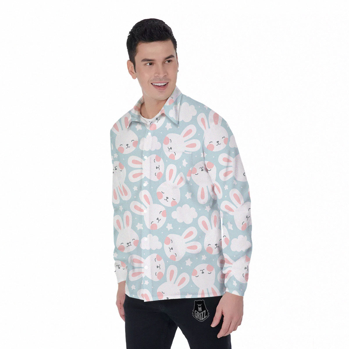 Cloud And Rabbit Print Pattern Men's Long Sleeve Shirts-grizzshop