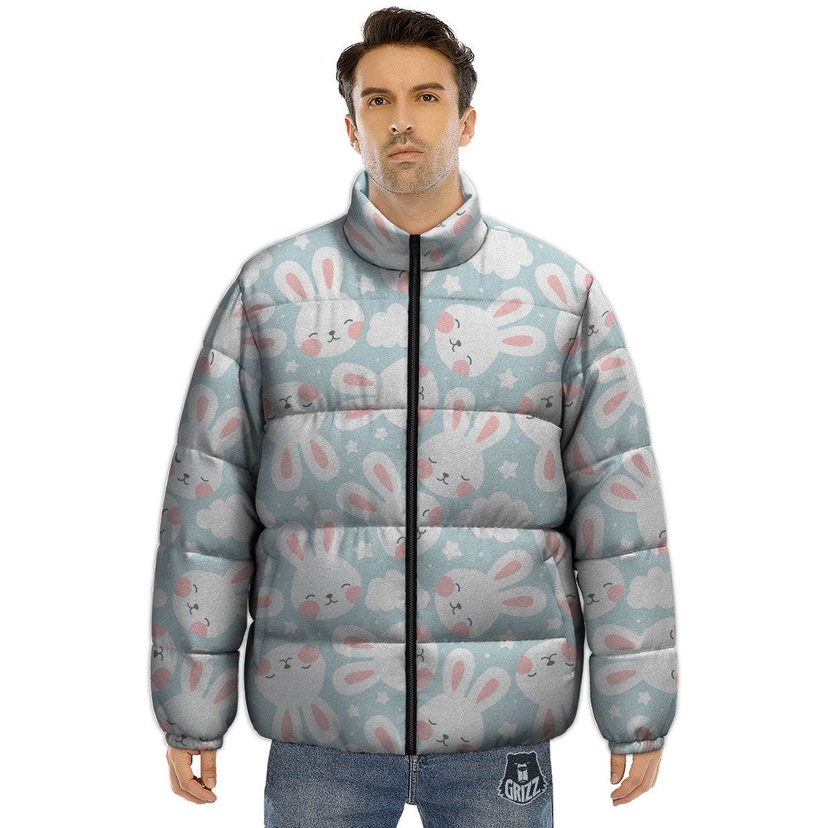 Cloud And Rabbit Print Pattern Puffer Jacket-grizzshop