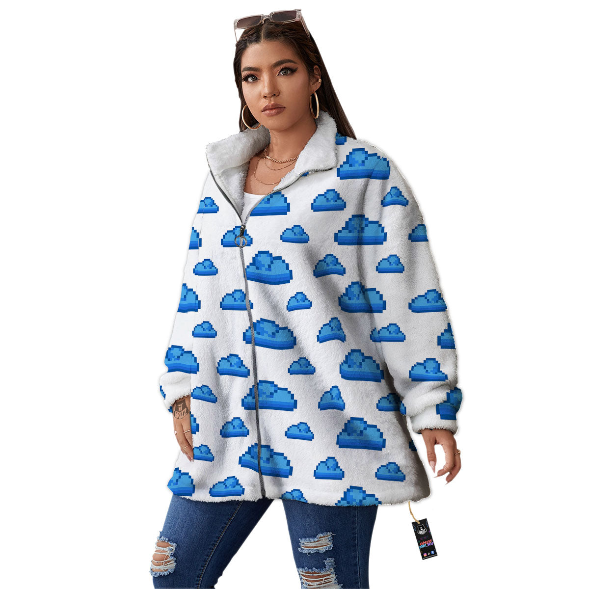 Cloud Pixel Print Pattern Women's Sherpa Jacket-grizzshop