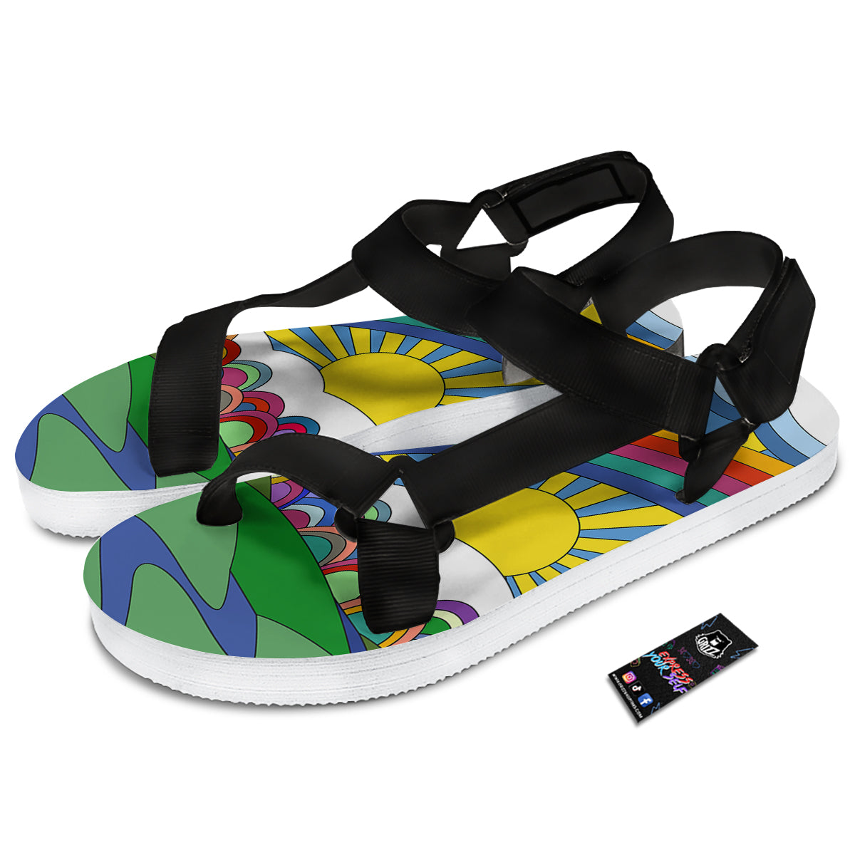Clouds Rainbows Hippie Art Print Black Open Toe Sandals-grizzshop