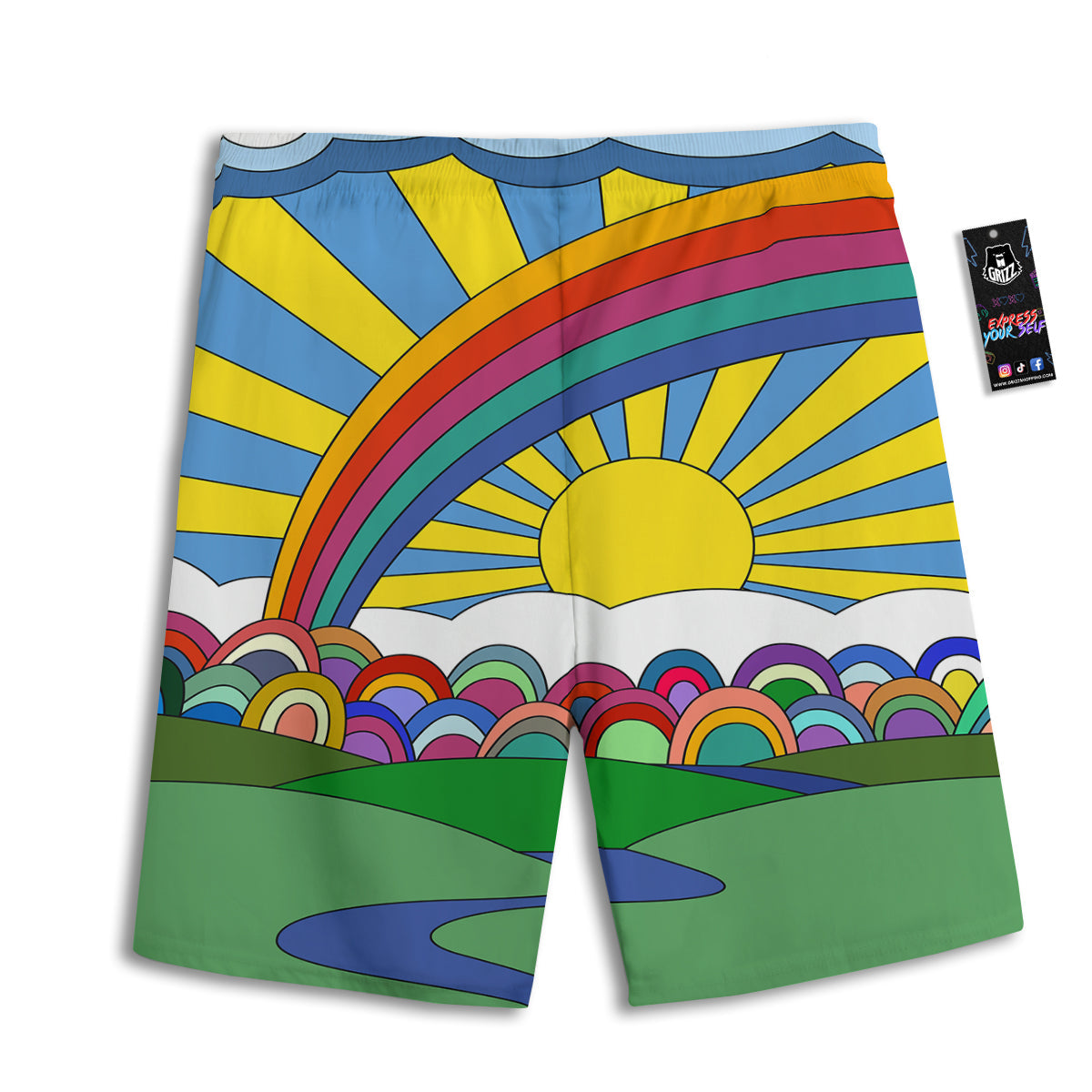 Clouds Rainbows Hippie Art Print Men's Athletic Shorts